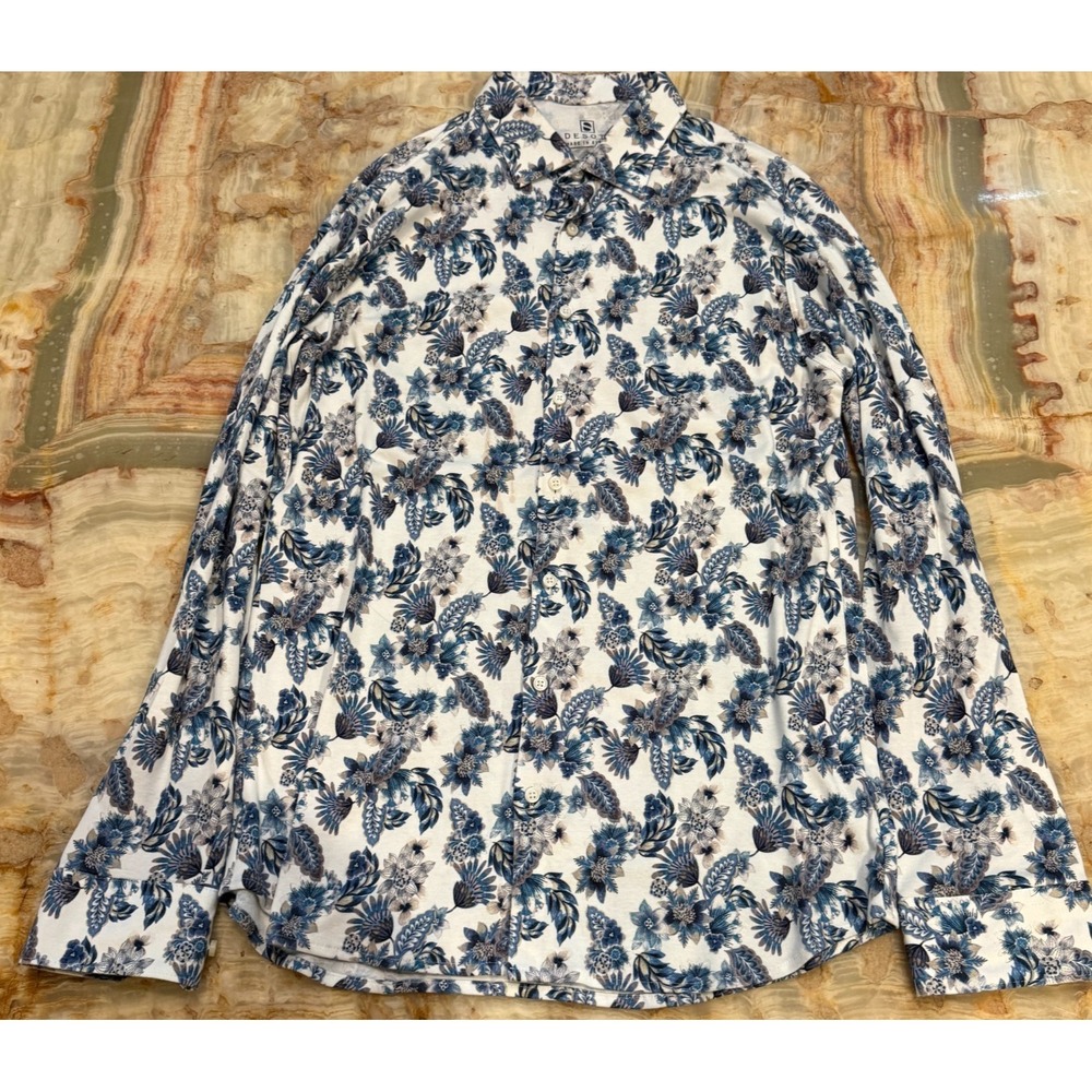 Desoto Mens Button Up Shirt White‎ Blue Floral Print Long Sleeve Outdoor M